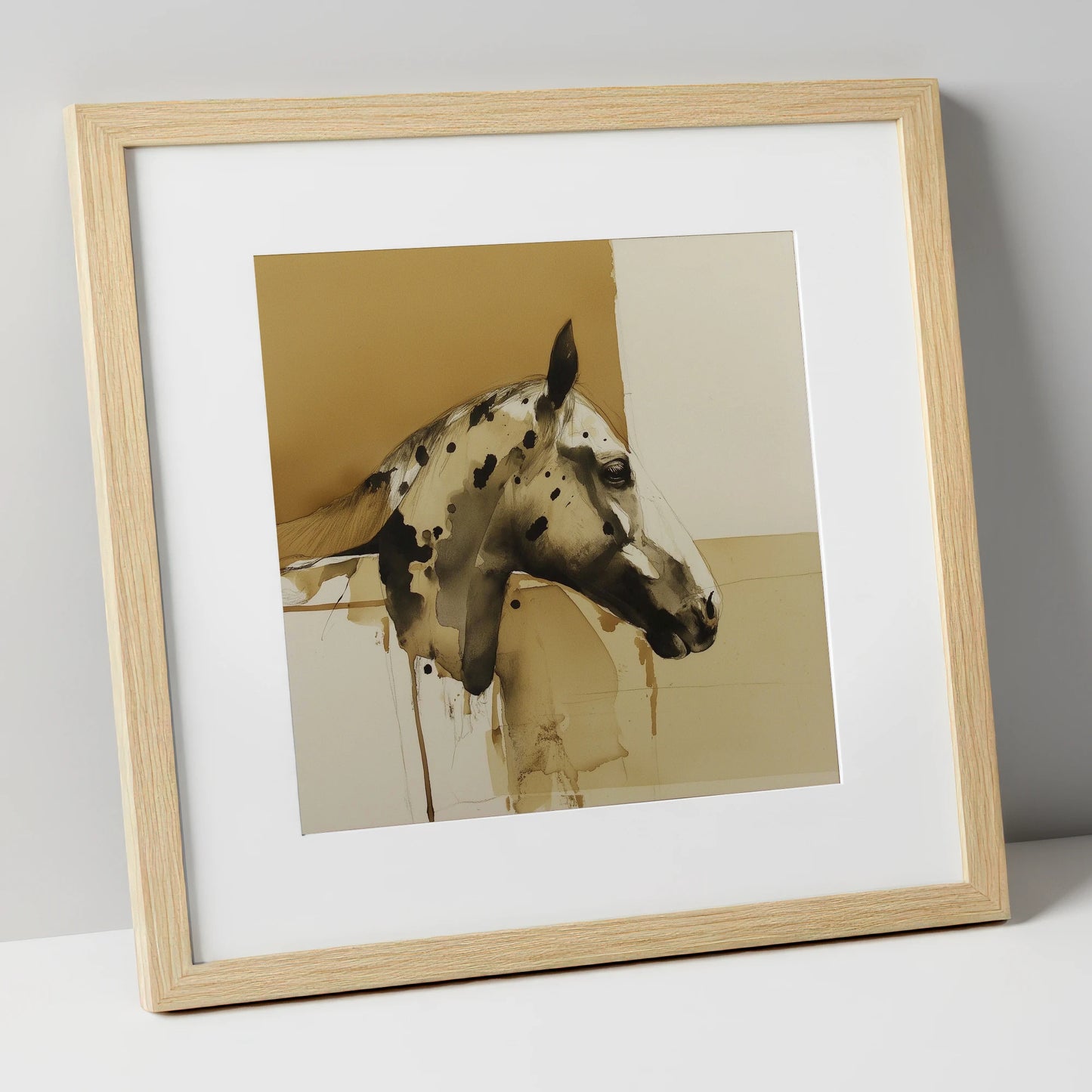 Spotted Sepia Study horse breed art print in natural frame