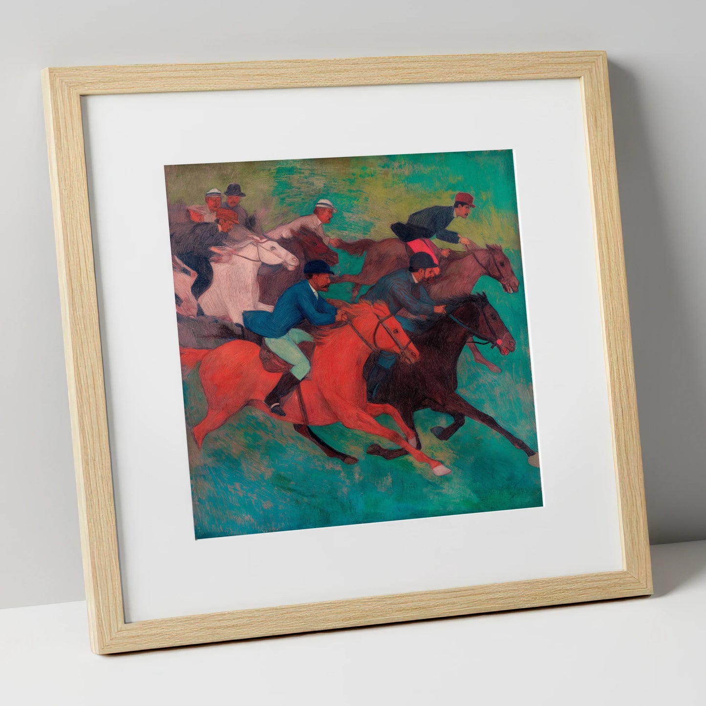 The Crimson Stride racing horse art print in natural frame