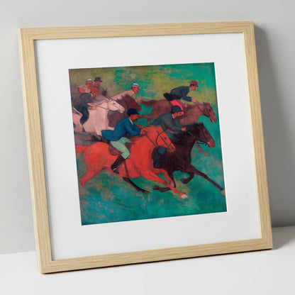 The Crimson Stride racing horse art print in natural frame
