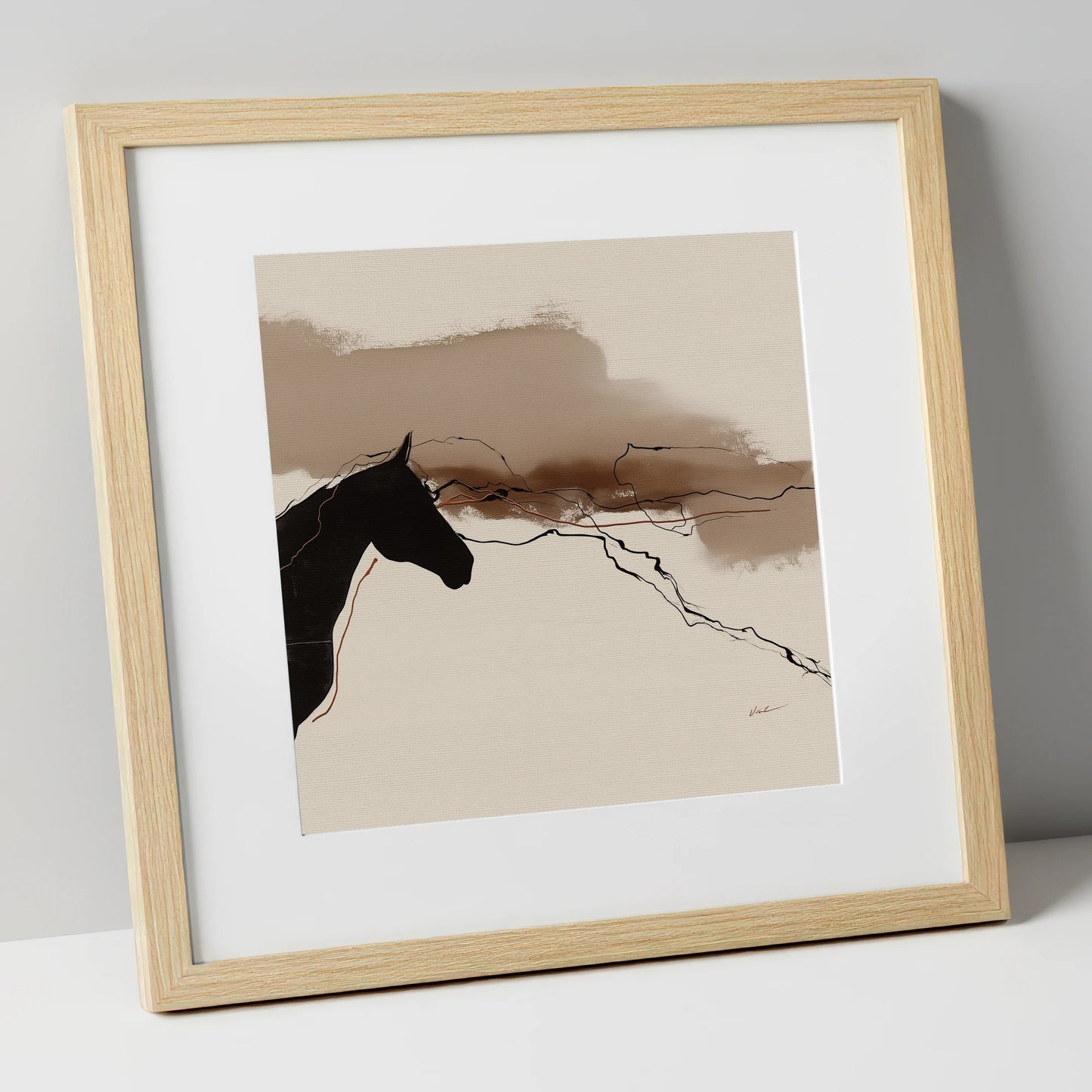 Abstract Sepia Silhouette horse portrait art print in natural frame