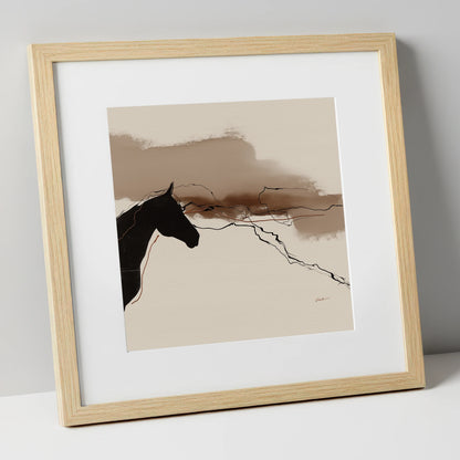 Abstract Sepia Silhouette horse portrait art print in natural frame