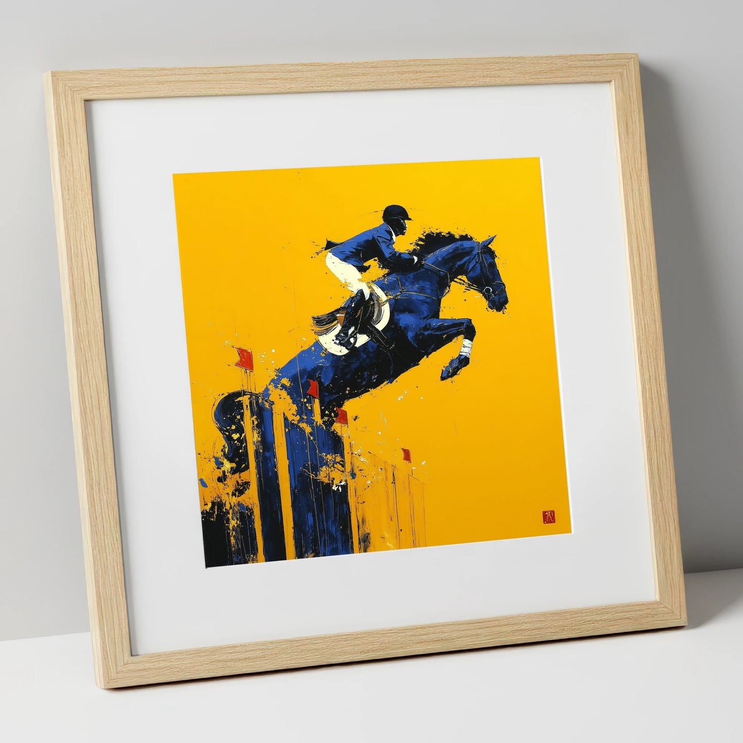 Indigo Ascent show jumping horse art print in natural frame