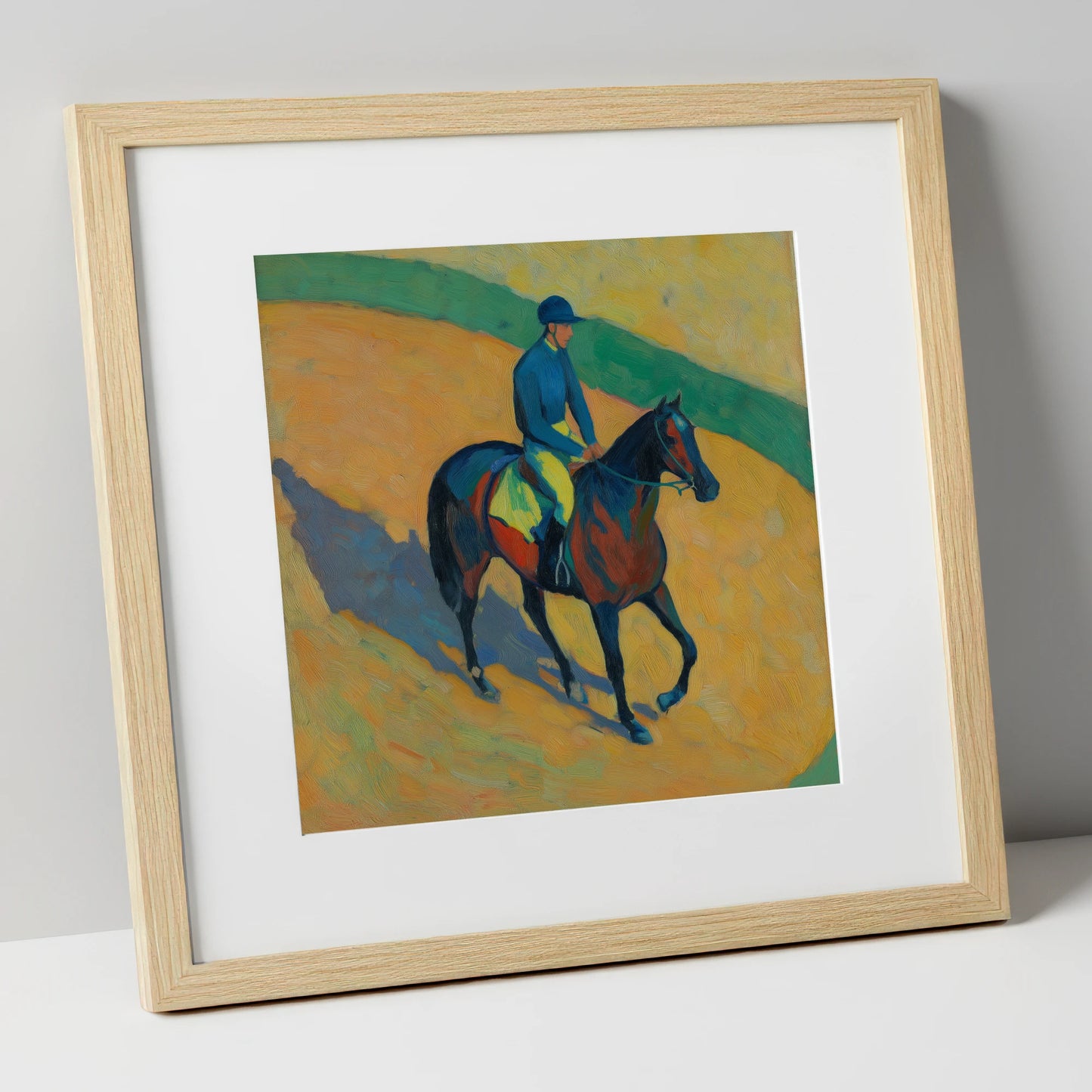 Shadows on the Golden Track racing horse art print in natural frame