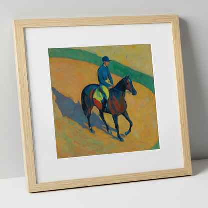 Shadows on the Golden Track racing horse art print in natural frame