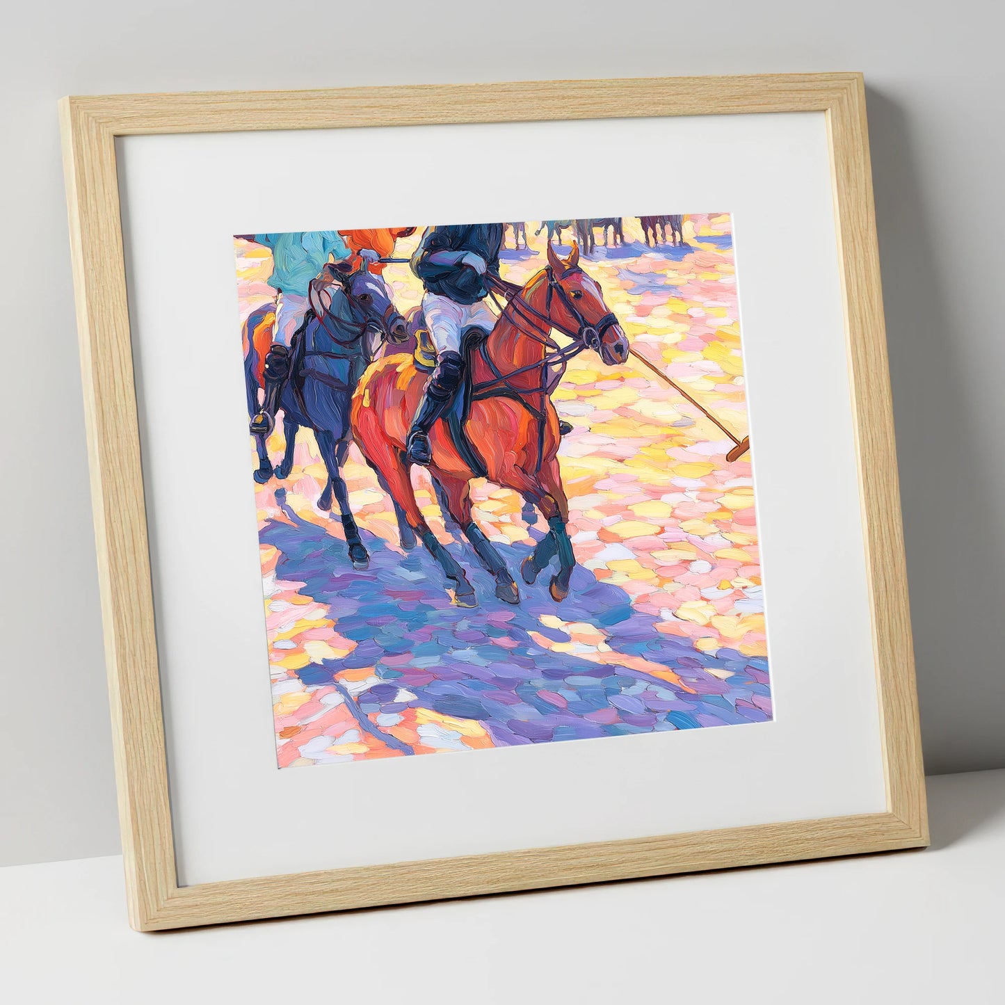 Sunset Chukka Shadows polo horse art print in natural frame