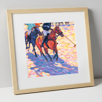 Sunset Chukka Shadows polo horse art print in natural frame