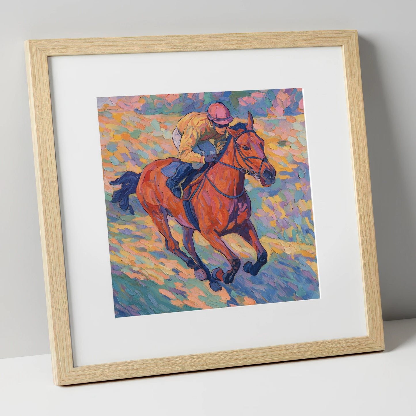 Vibrant Final Furlong racing horse art print in natural frame