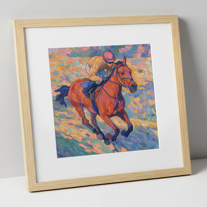 Vibrant Final Furlong racing horse art print in natural frame