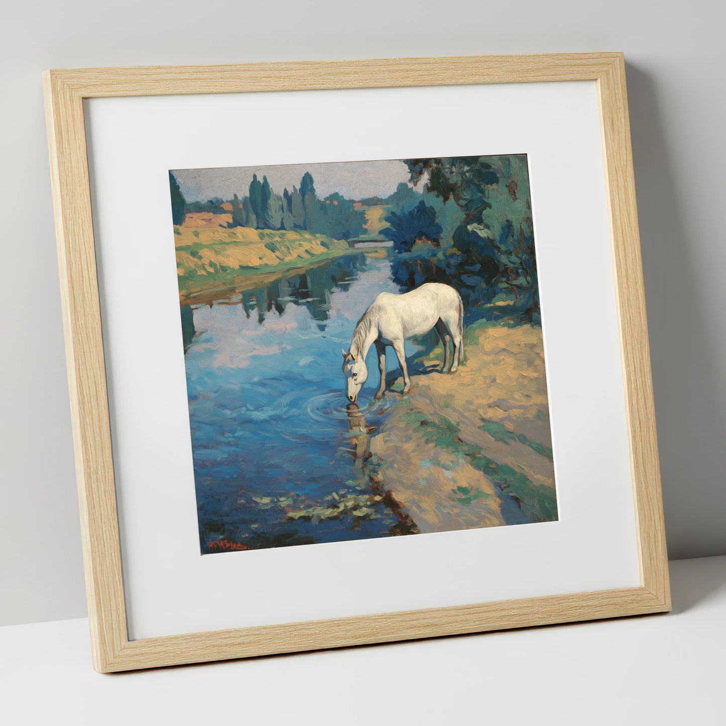 Solace at the River horse landscape art print in natural frame