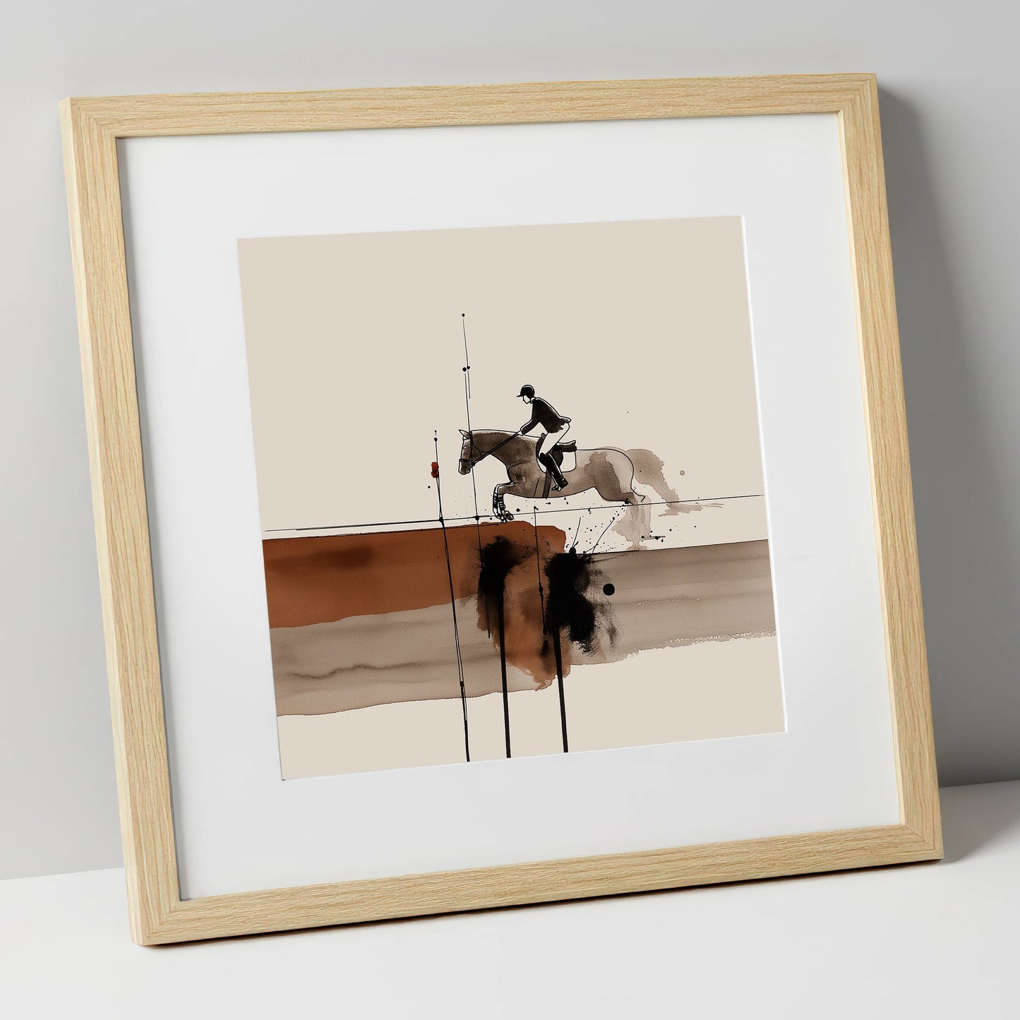 Airborne in Sepia show jumping horse art print in natural frame
