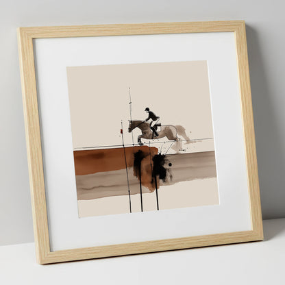 Airborne in Sepia show jumping horse art print in natural frame
