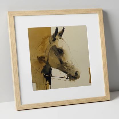 Sepia Wash Profile horse portrait art print in natural frame