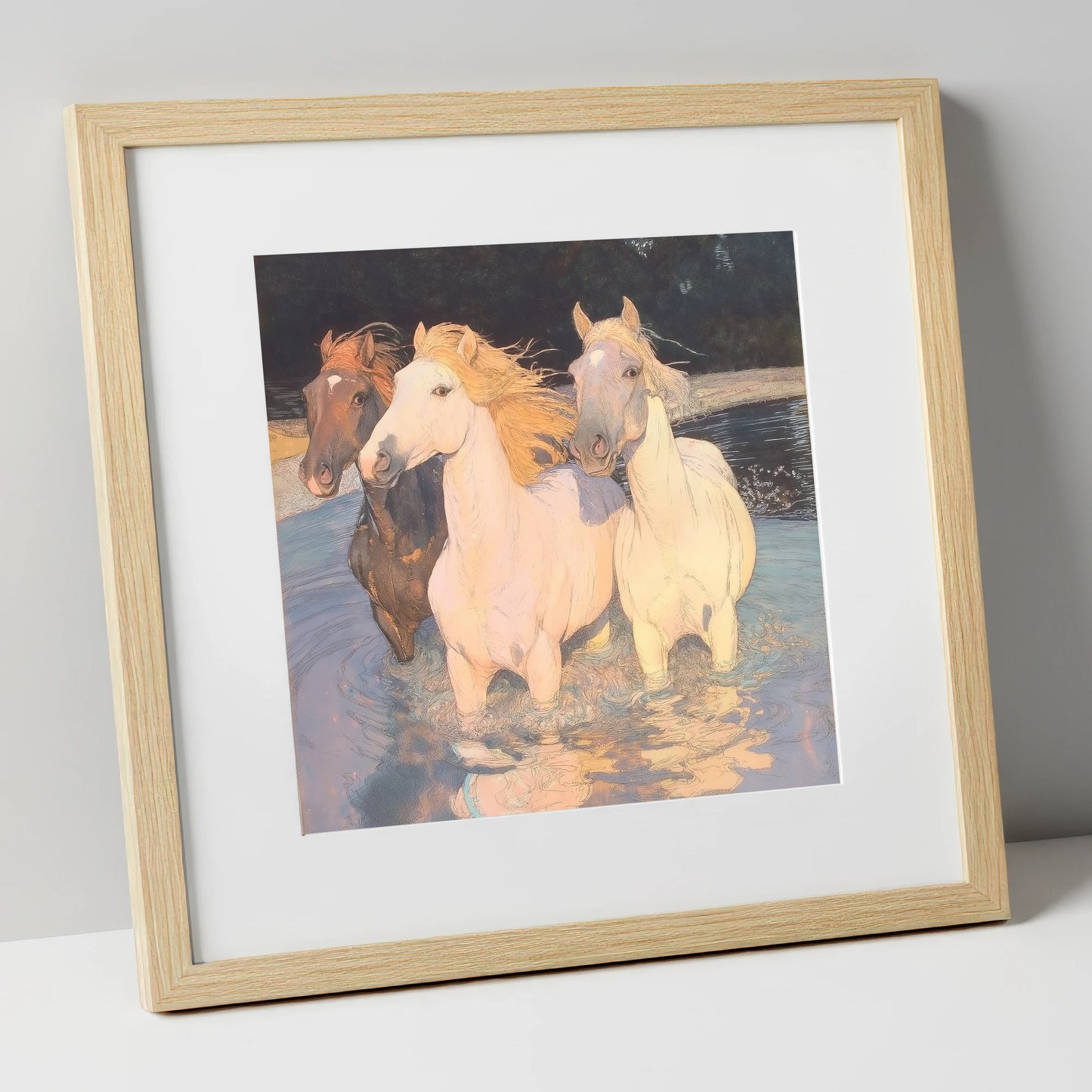Three in the Shallows wild horses art print in natural frame