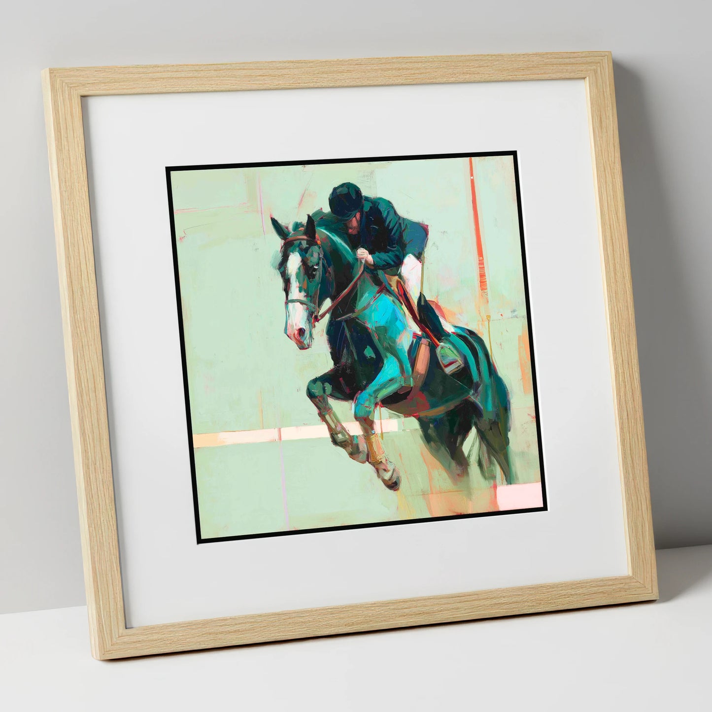 Airborne in Teal show jumping horse art print in natural frame