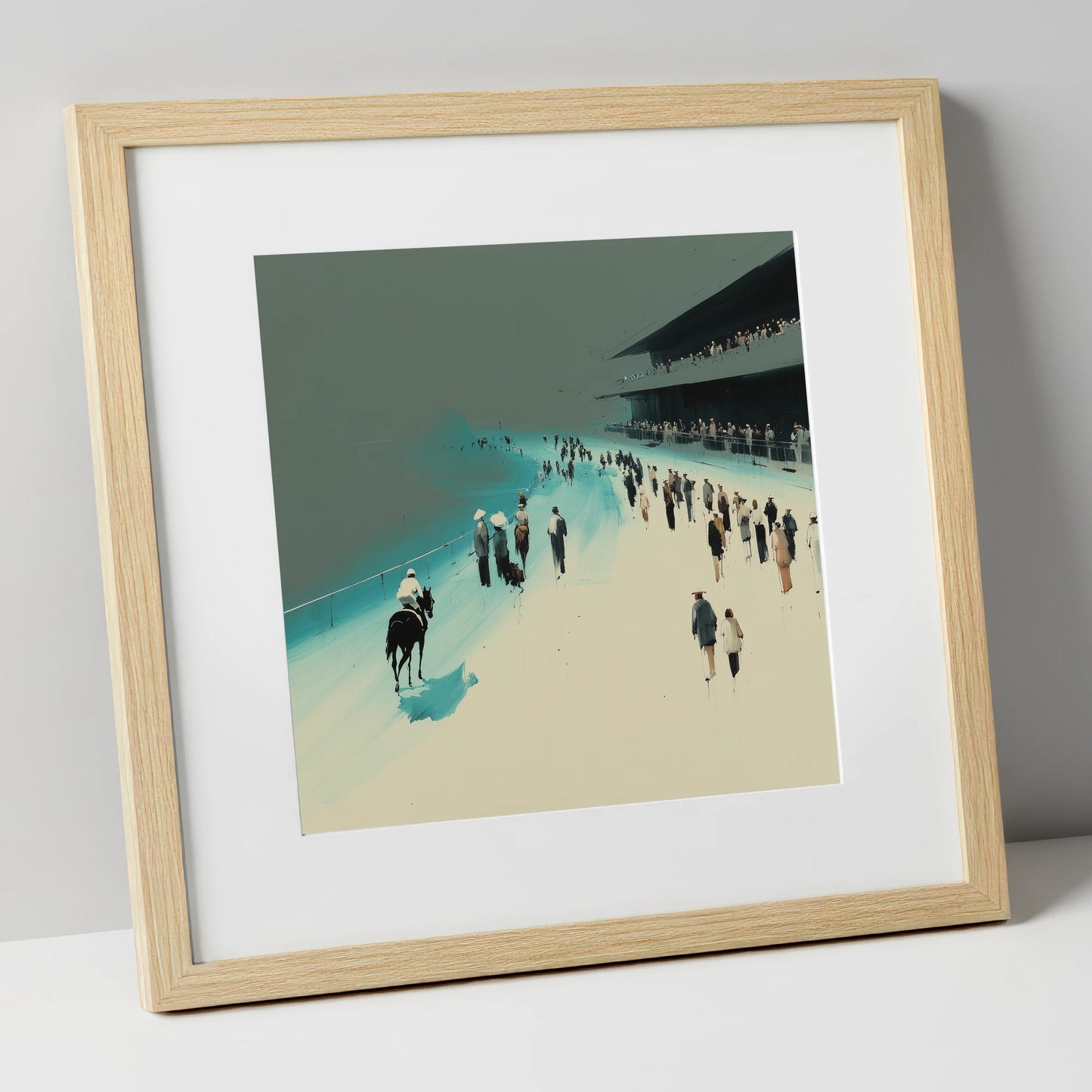 Sweeping to the Start racing horse art print in natural frame