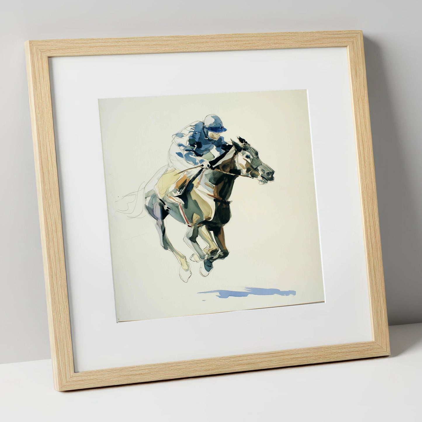 Cerulean Stride racing horse art print in natural frame