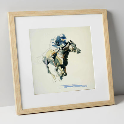 Cerulean Stride racing horse art print in natural frame