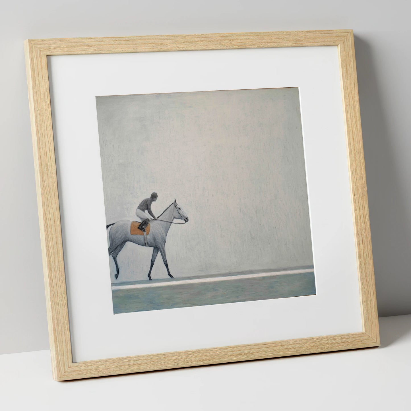 Silent Stride racing horse art print in natural frame