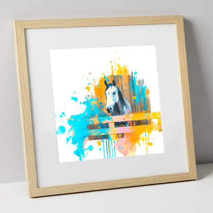The Inquisitive Grey horse stable art print in natural frame