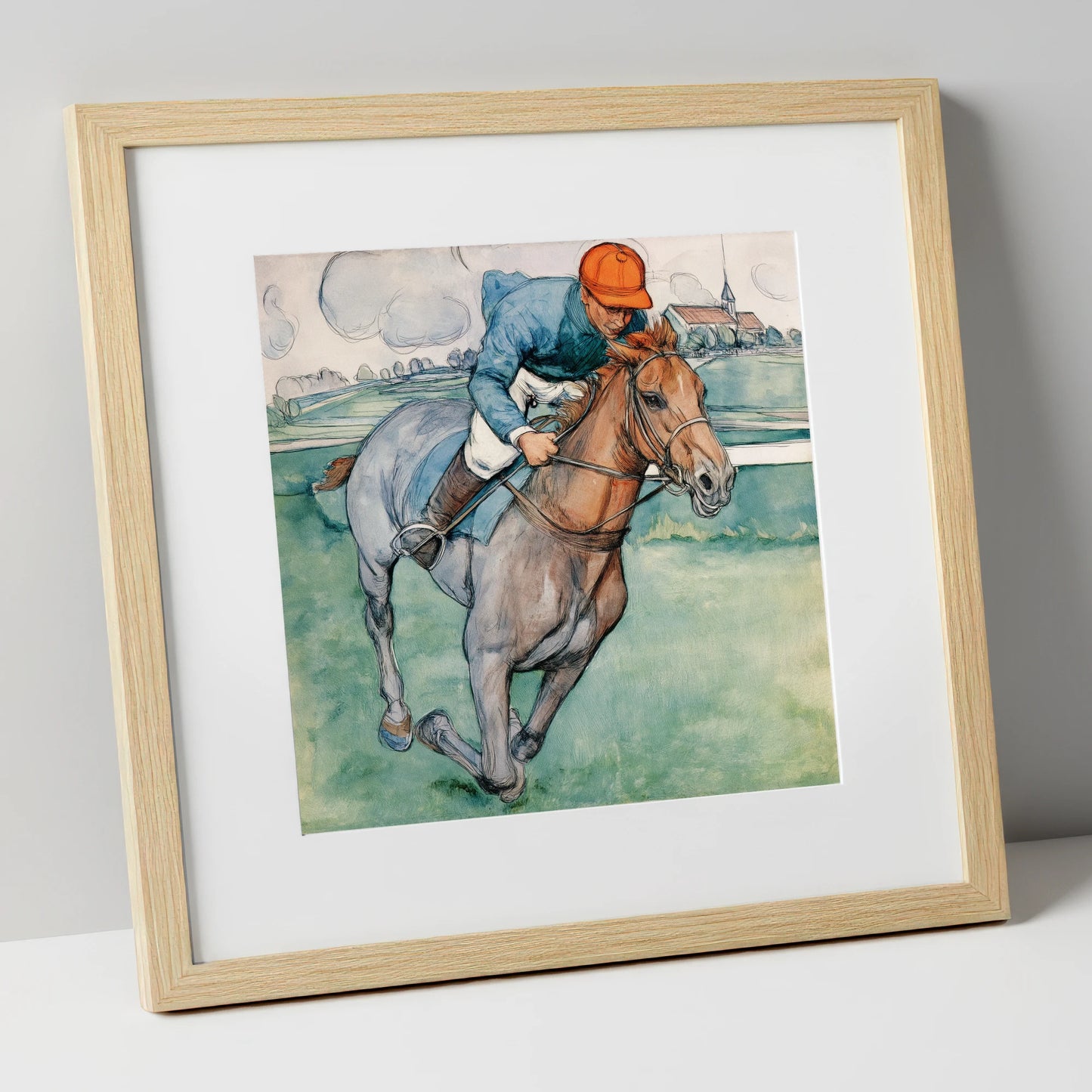 The Final Furlong racing horse art print in natural frame