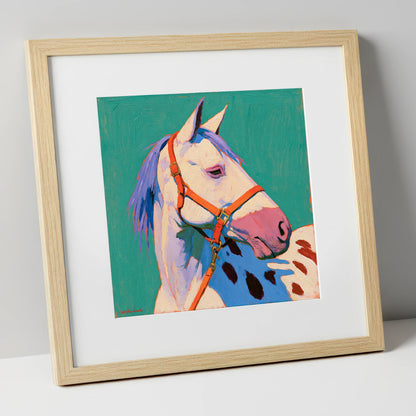 Colourful Appaloosa on Teal Background horse breed art print in natural frame