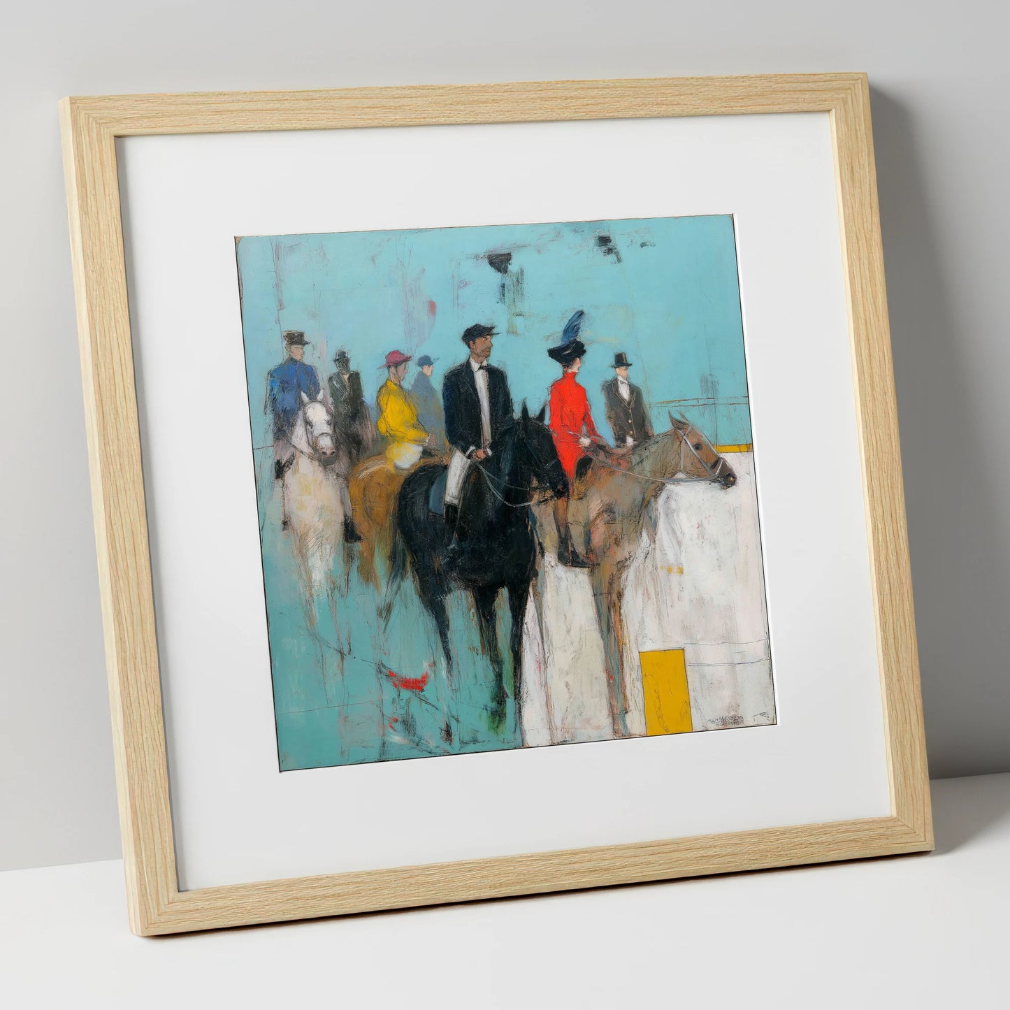The Paddock Parade racing horse art print in natural frame