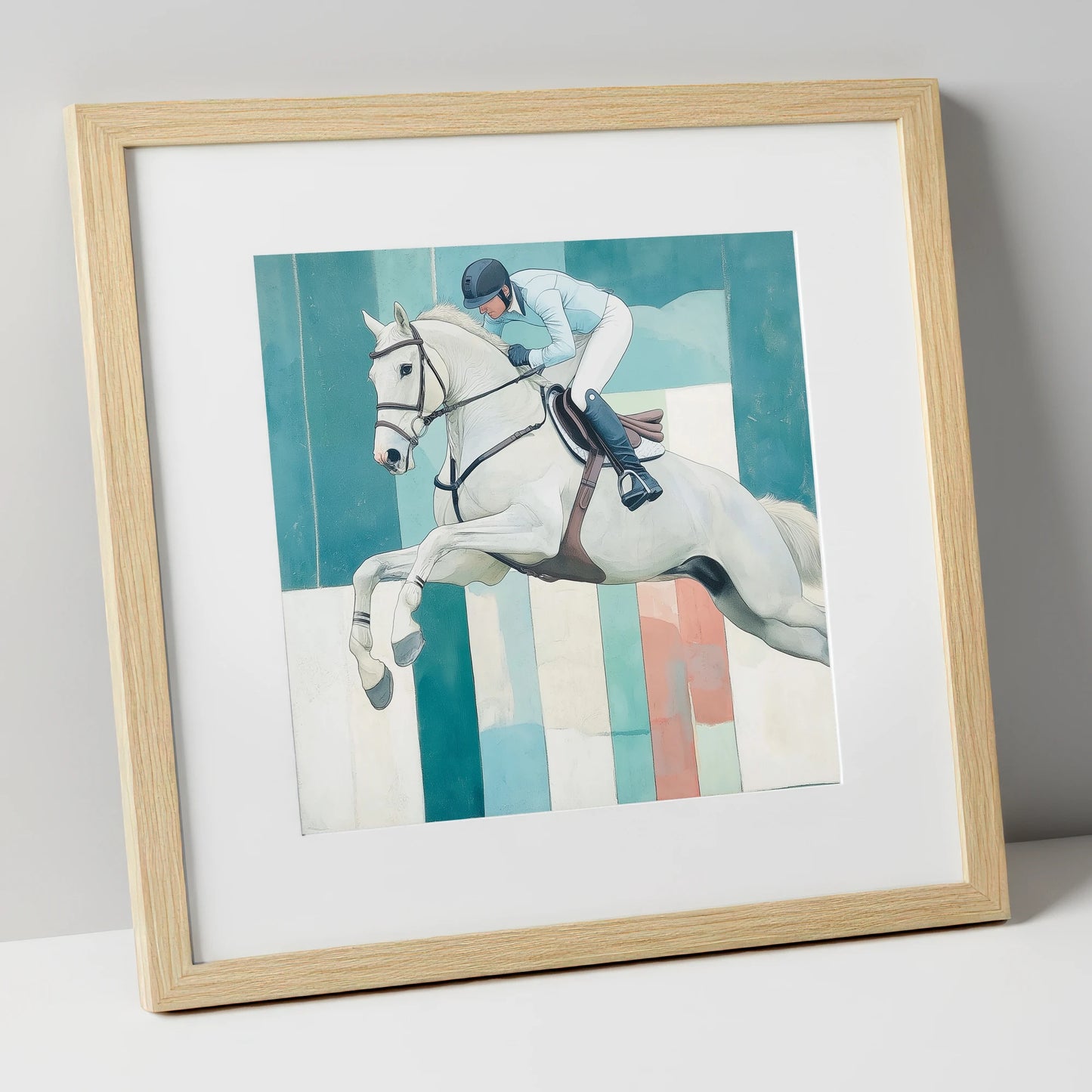 Aquamarine Ascent show jumping horse art print in natural frame
