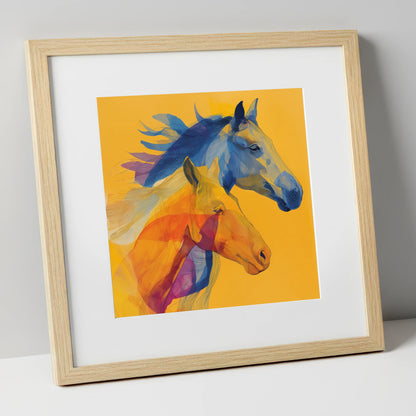 Cobalt and Amber Duet horse landscape art print in natural frame