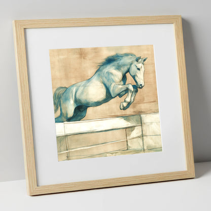 Airborne Grace show jumping horse art print in natural frame