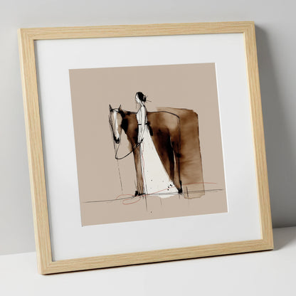 Silent Partnership horse & rider art print in natural frame