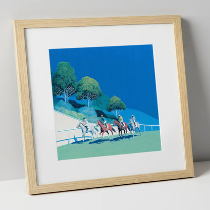 The Cerulean Sprint racing horse art print in natural frame