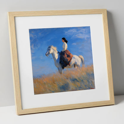 Across the Golden Fields horse & rider art print in natural frame