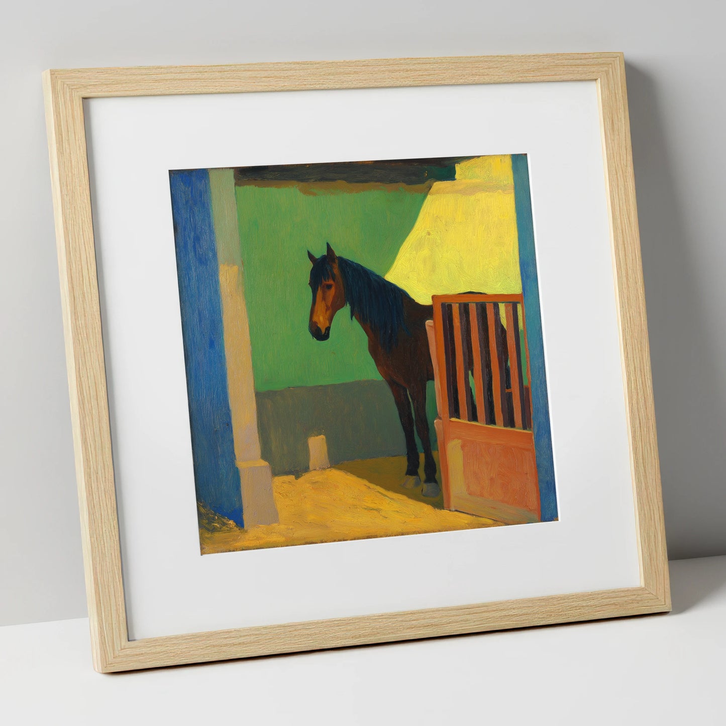 Vibrant Stable Light horse stable art print in natural frame