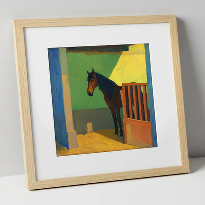 Vibrant Stable Light horse stable art print in natural frame