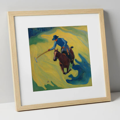 Sunlit Polo Swing polo horse art print in natural frame
