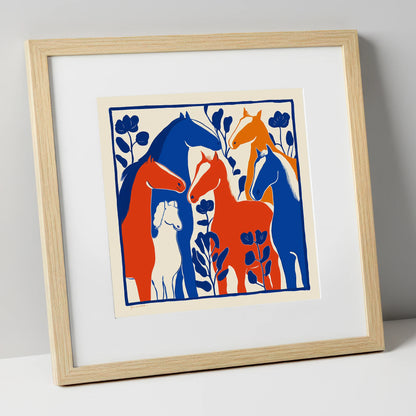 Vibrant Graphic Herd wild horses art print in natural frame