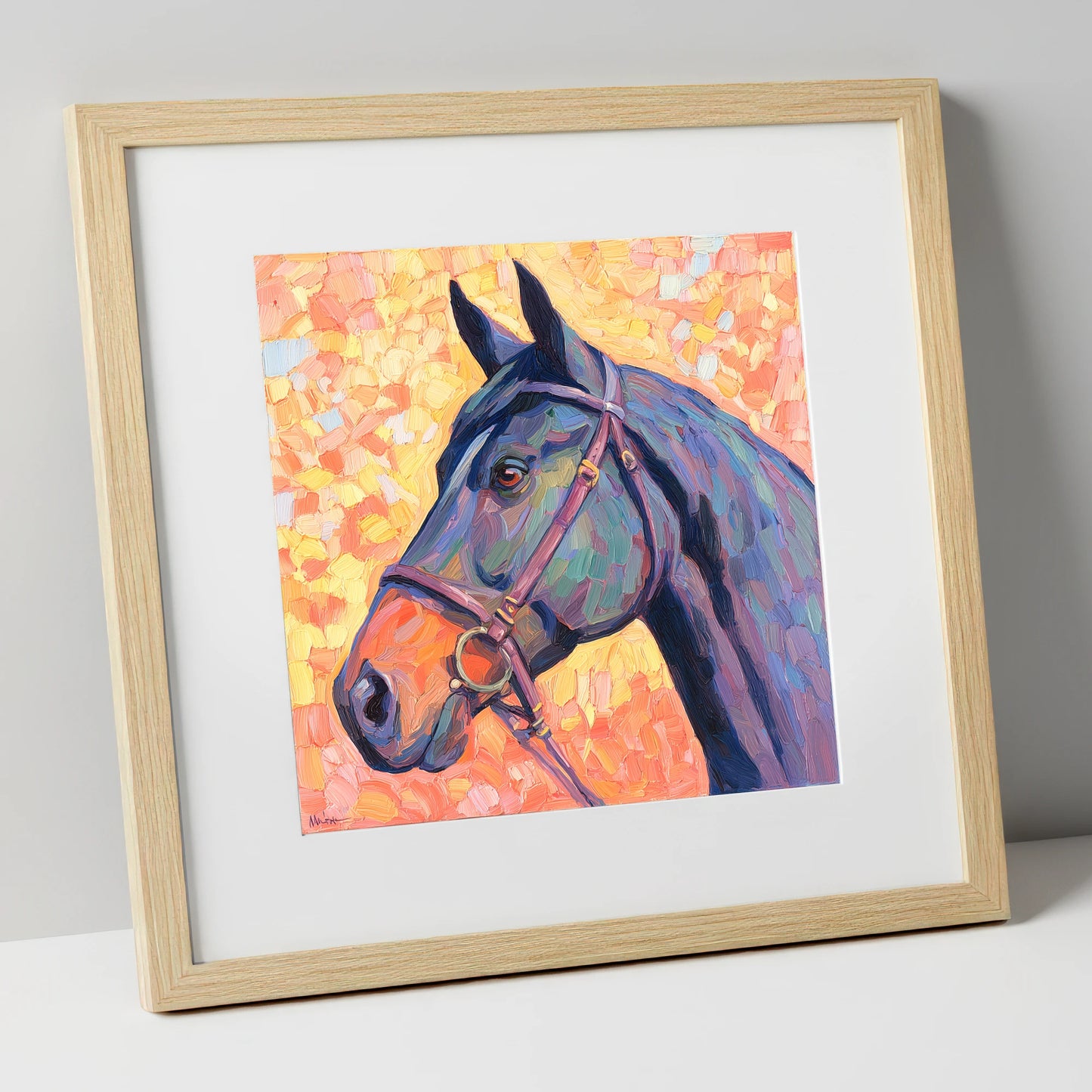 Radiant Equine Profile horse portrait art print in natural frame