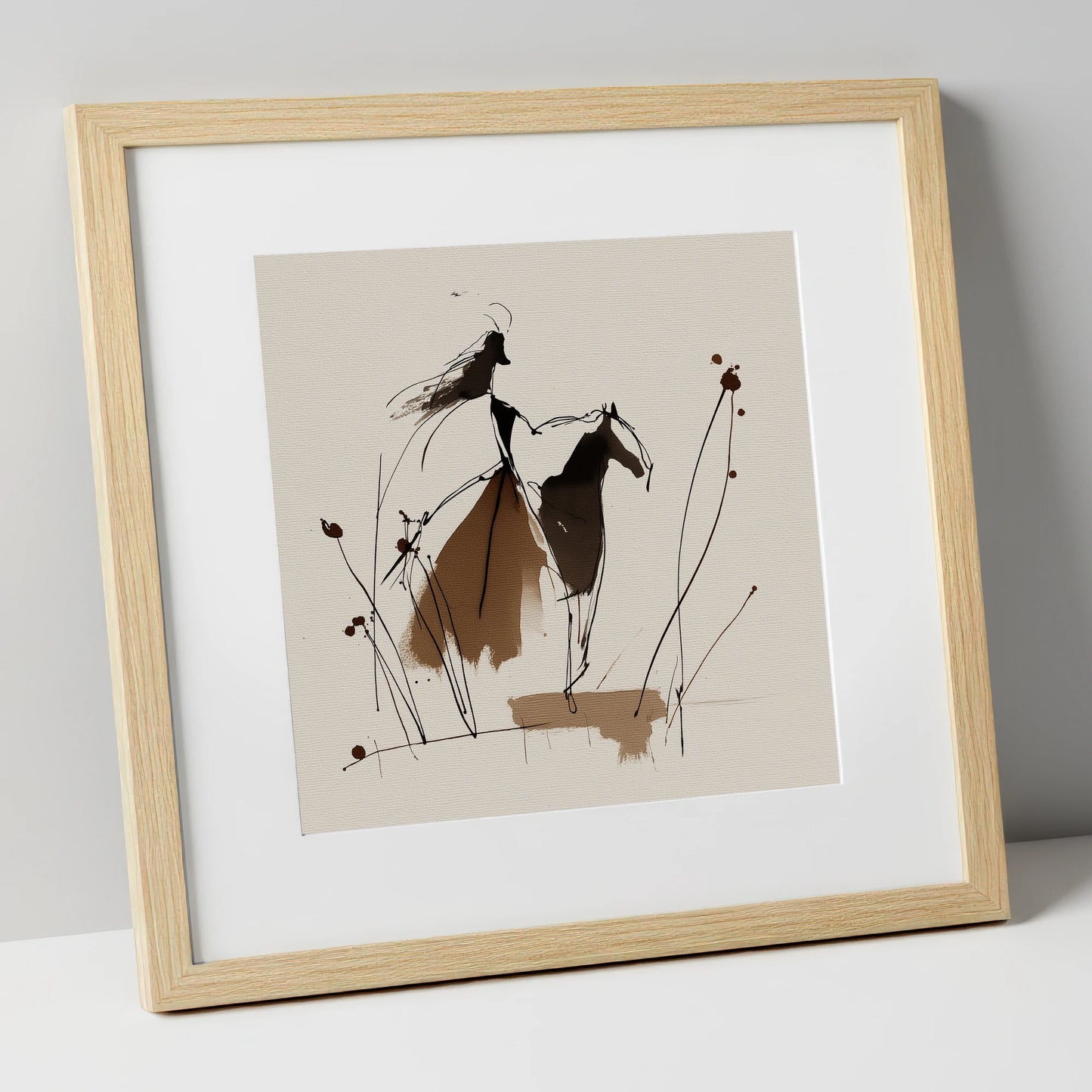 Fluid Harmony horse & rider art print in natural frame