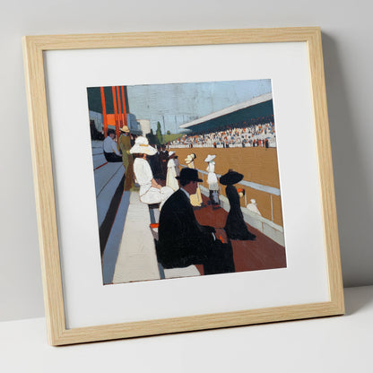 The Grandstand Spectacle racing horse art print in natural frame