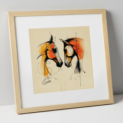 Abstract Amber Dialogue horse portrait art print in natural frame