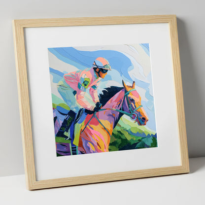 Technicolour Gallop racing horse art print in natural frame