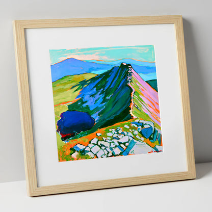 Vibrant Mountain Ridge And Tarn horse landscape art print in natural frame