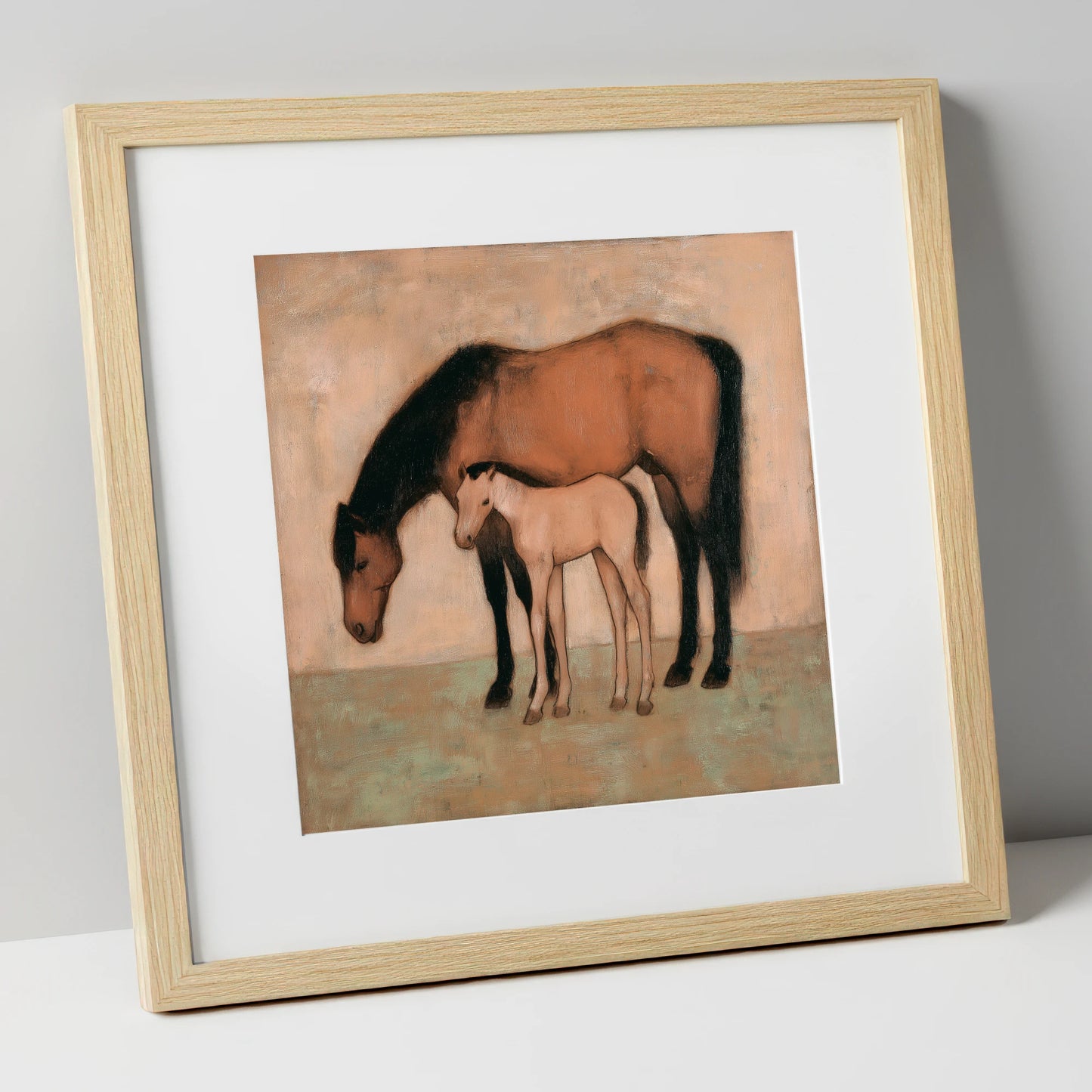 Quiet Pasture Bond mare & foal art print in natural frame