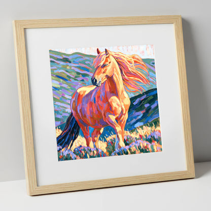 Colourful Golden Horse Portrait horse breed art print in natural frame