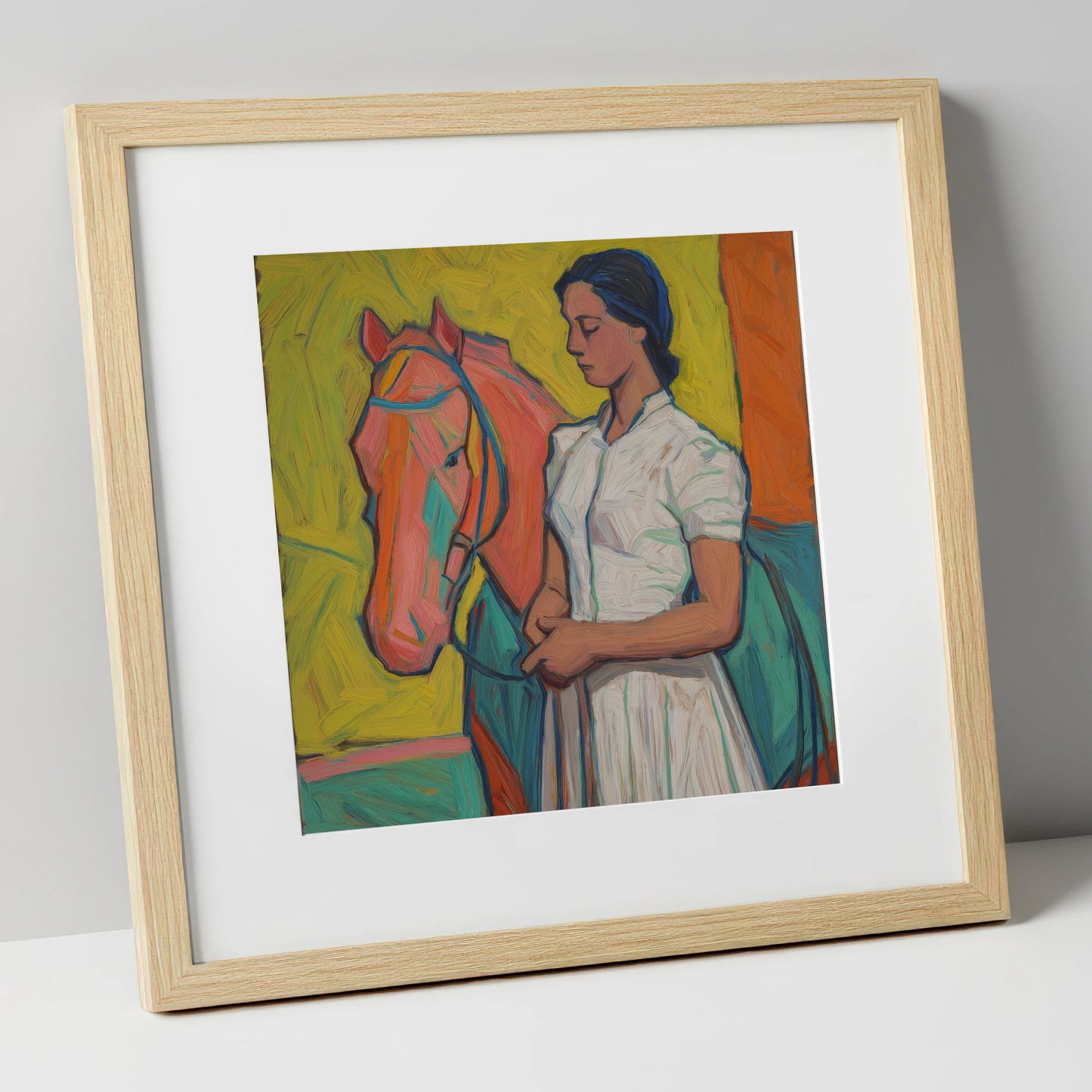 Vibrant Connection horse & rider art print in natural frame