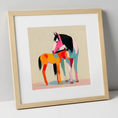 Vivid Maternal Bond mare & foal art print in natural frame