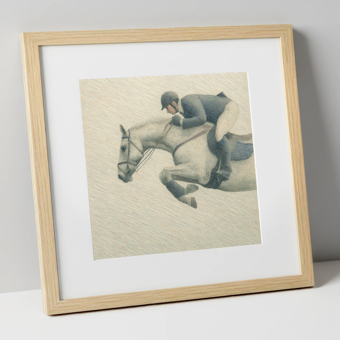 Structured Flight show jumping horse art print in natural frame