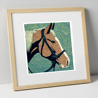 Bold Chestnut Profile horse portrait art print in natural frame