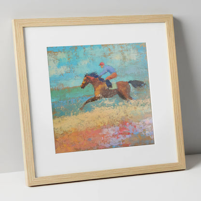 The Coastal Gallop racing horse art print in natural frame
