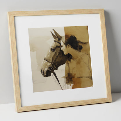 Quiet Connection horse & rider art print in natural frame